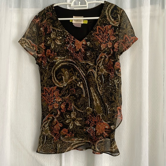 Tradition two piece top and skirt orange rust and kaki flecks of gold size 8 - Picture 2 of 7